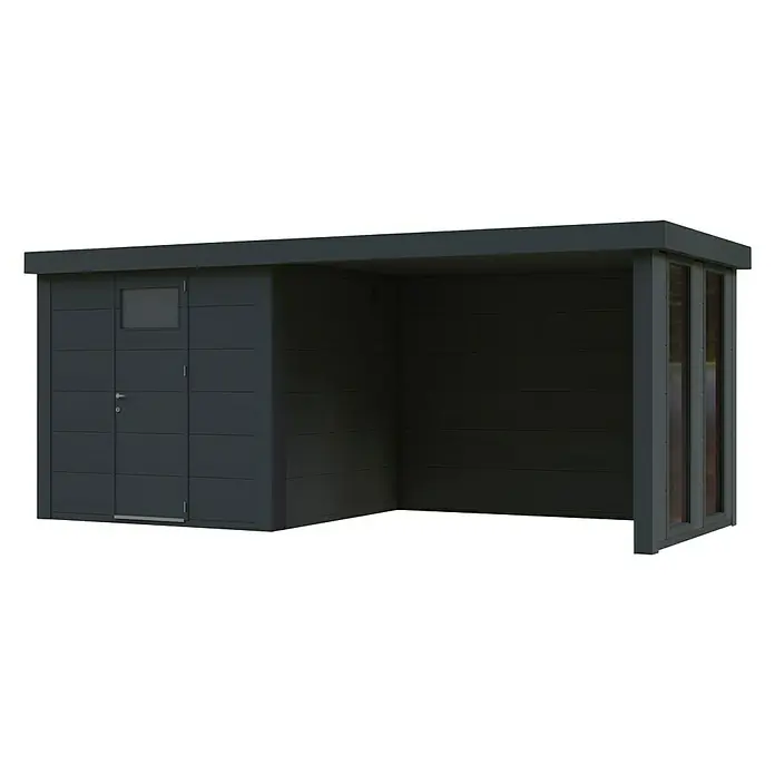 Wolff Finnhaus Gerätehaus Eleganto 2424 - Außenbreite inkl. Dachüberstand: 542 cm, Außentiefe inkl. Dachüberstand: 258 cm, Metall, Granit, Mit rechtsseitigem Anbau & 2 Fenstern - Diagonale Ansicht