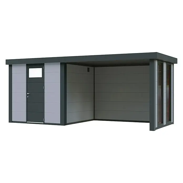 Wolff Finnhaus Gerätehaus Eleganto 2424 - Außenbreite inkl. Dachüberstand: 542 cm, Außentiefe inkl. Dachüberstand: 258 cm, Metall, Lichtgrau, Mit rechtsseitigem Anbau & 2 Fenstern - Diagonale Ansicht