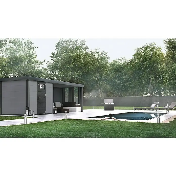Wolff Finnhaus Gerätehaus Eleganto 2424 - Außenbreite inkl. Dachüberstand: 542 cm, Außentiefe inkl. Dachüberstand: 258 cm, Metall, Lichtgrau, Mit rechtsseitigem Anbau & 2 Fenstern - Stimmungsaufnahme
