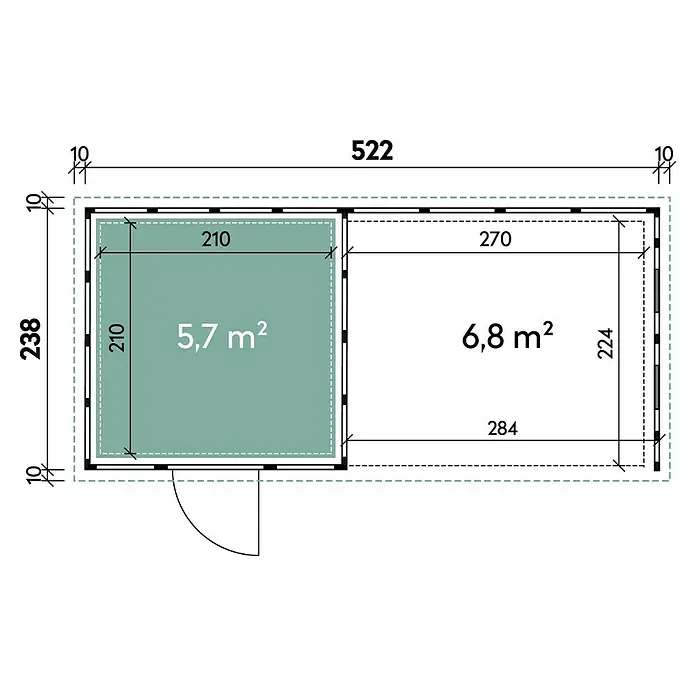 Wolff Finnhaus Gerätehaus Eleganto 2424 - Außenbreite inkl. Dachüberstand: 542 cm, Außentiefe inkl. Dachüberstand: 258 cm, Metall, Weiß, Mit rechtsseitigem Anbau & 2 Fenstern - Skizze