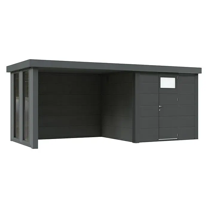 Wolff Finnhaus Gerätehaus Eleganto 2424 - Außenbreite inkl. Dachüberstand: 542 cm, Außentiefe inkl. Dachüberstand: 258 cm, Metall, Granit, Mit linksseitigem Anbau & 2 Fenstern - Diagonale Ansicht