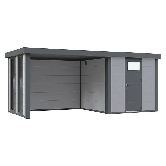 Wolff Finnhaus Gerätehaus Eleganto 2424 - Außenbreite inkl. Dachüberstand: 542 cm, Außentiefe inkl. Dachüberstand: 258 cm, Metall, Lichtgrau, Mit linksseitigem Anbau & 2 Fenstern - Diagonale Ansicht