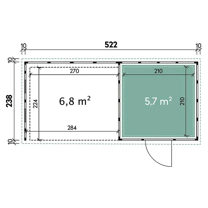 Wolff Finnhaus Gerätehaus Eleganto 2424 - Außenbreite inkl. Dachüberstand: 542 cm, Außentiefe inkl. Dachüberstand: 258 cm, Metall, Granit, Mit linksseitigem Anbau & 2 Fenstern - Skizze
