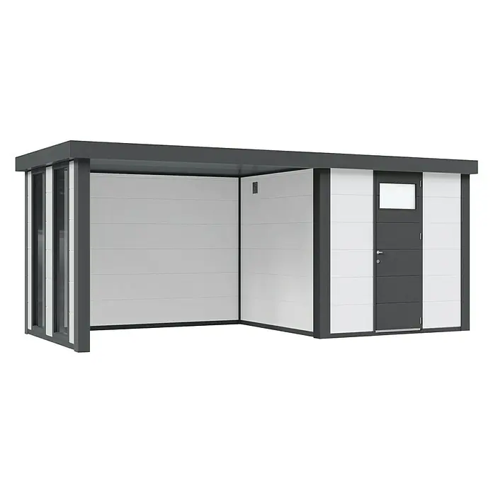 Wolff Finnhaus Gerätehaus Eleganto 2424 - Außenbreite inkl. Dachüberstand: 542 cm, Außentiefe inkl. Dachüberstand: 258 cm, Metall, Weiß, Mit linksseitigem Anbau & 2 Fenstern - Diagonale Ansicht
