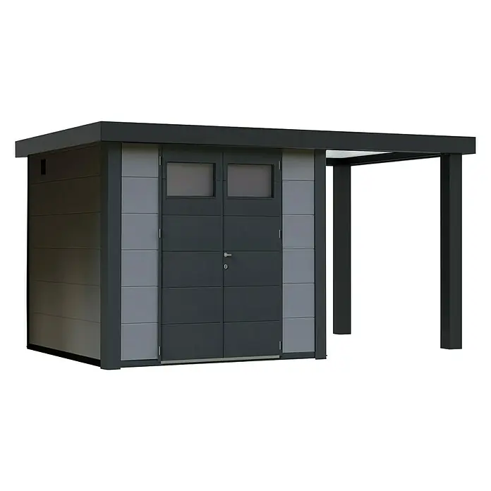 Wolff Finnhaus Gerätehaus Eleganto 2724 - 456 cm, 259 cm, Metall, Lichtgrau, Mit rechtsseitigem Seitendach - Diagonale Ansicht