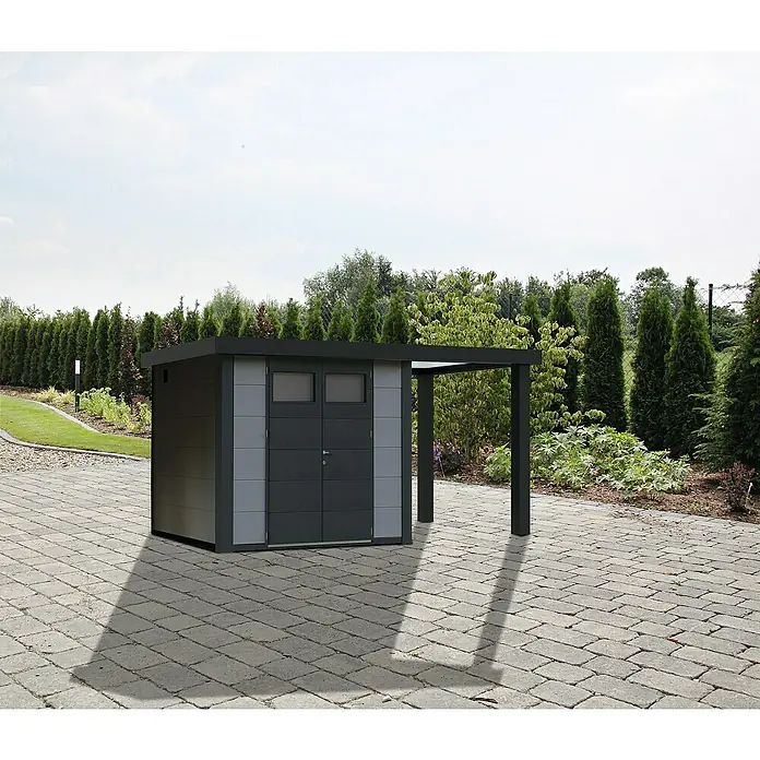 Wolff Finnhaus Gerätehaus Eleganto 2724 - 456 cm, 259 cm, Metall, Lichtgrau, Mit rechtsseitigem Seitendach - Stimmungsaufnahme