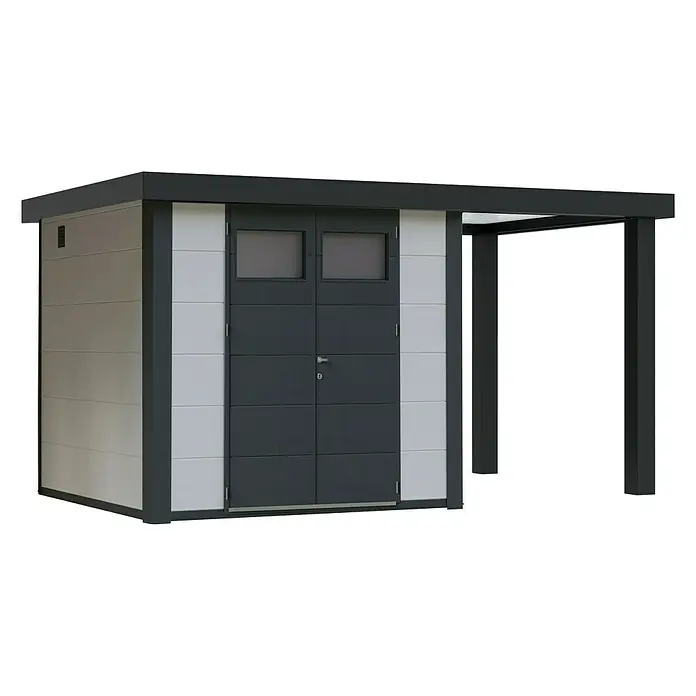 Wolff Finnhaus Gerätehaus Eleganto 2724 - 456 cm, 259 cm, Metall, Weiß, Mit rechtsseitigem Seitendach - Diagonale Ansicht