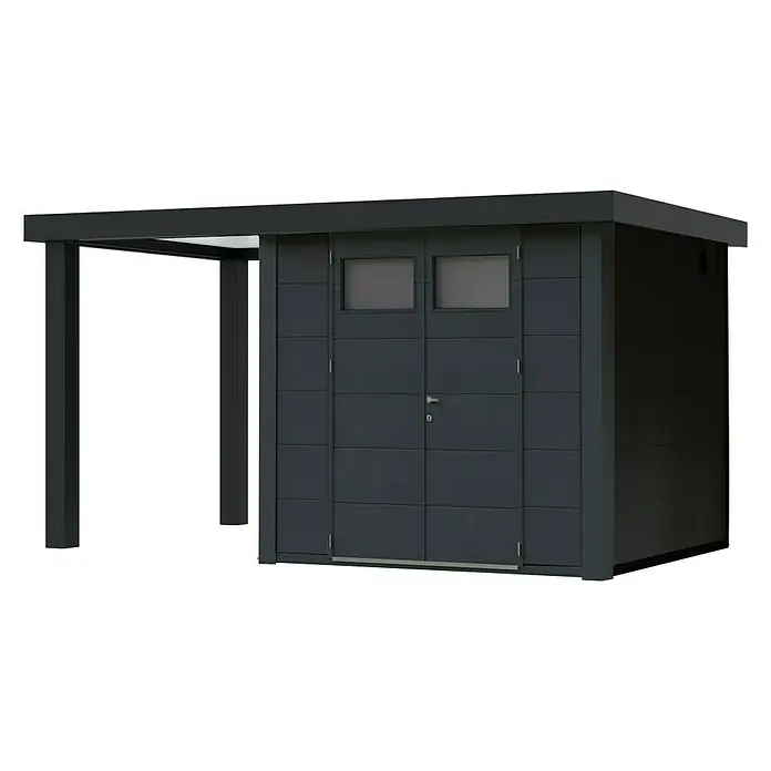 Wolff Finnhaus Gerätehaus Eleganto 3024 - Außenbreite inkl. Dachüberstand: 486 cm, Außentiefe inkl. Dachüberstand: 259 cm, Metall, Granit, Mit linksseitigem Seitendach - Diagonale Ansicht