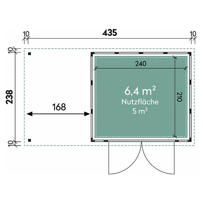 Wolff Finnhaus Gerätehaus Eleganto 2724 - 456 cm, 259 cm, Metall, Lichtgrau, Mit linksseitigem Seitendach - Skizze
