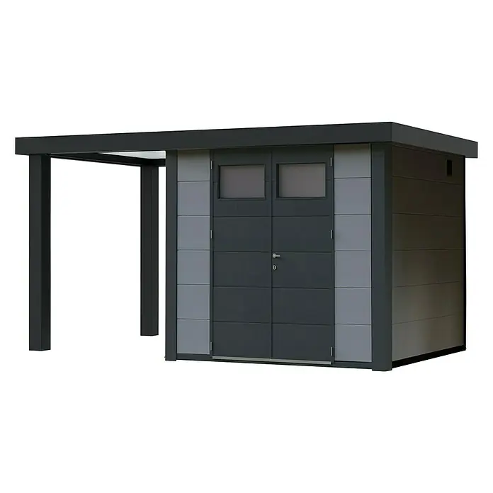 Wolff Finnhaus Gerätehaus Eleganto 2724 - 456 cm, 259 cm, Metall, Lichtgrau, Mit linksseitigem Seitendach - Diagonale Ansicht