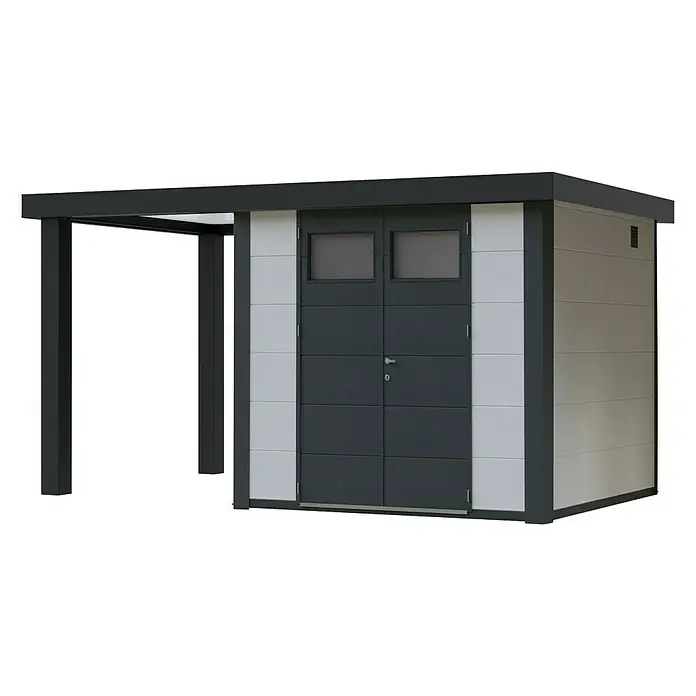 Wolff Finnhaus Gerätehaus Eleganto 3024 - Außenbreite inkl. Dachüberstand: 486 cm, Außentiefe inkl. Dachüberstand: 259 cm, Metall, Weiß, Mit linksseitigem Seitendach - Diagonale Ansicht