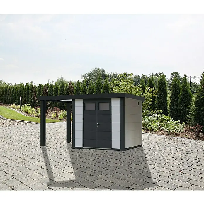 Wolff Finnhaus Gerätehaus Eleganto 3024 - Außenbreite inkl. Dachüberstand: 486 cm, Außentiefe inkl. Dachüberstand: 259 cm, Metall, Weiß, Mit linksseitigem Seitendach - Stimmungsaufnahme