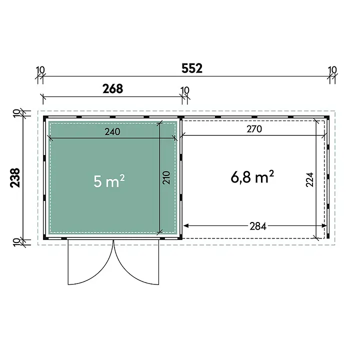 Wolff Finnhaus Gerätehaus Eleganto 2724 - Außenbreite inkl. Dachüberstand: 572 cm, Außentiefe inkl. Dachüberstand: 258 cm, Metall, Granit, Mit rechtsseitigem Anbau - Skizze