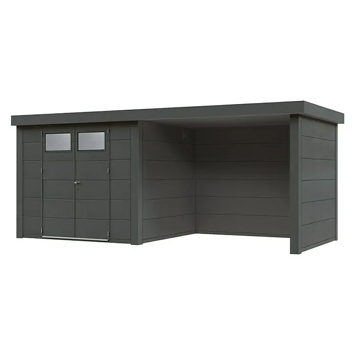 Wolff Finnhaus Gerätehaus Eleganto 2724 - Außenbreite inkl. Dachüberstand: 572 cm, Außentiefe inkl. Dachüberstand: 258 cm, Metall, Granit, Mit rechtsseitigem Anbau - Diagonale Ansicht