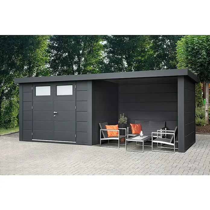 Wolff Finnhaus Gerätehaus Eleganto 2724 - Außenbreite inkl. Dachüberstand: 572 cm, Außentiefe inkl. Dachüberstand: 258 cm, Metall, Granit, Mit rechtsseitigem Anbau - Stimmungsaufnahme