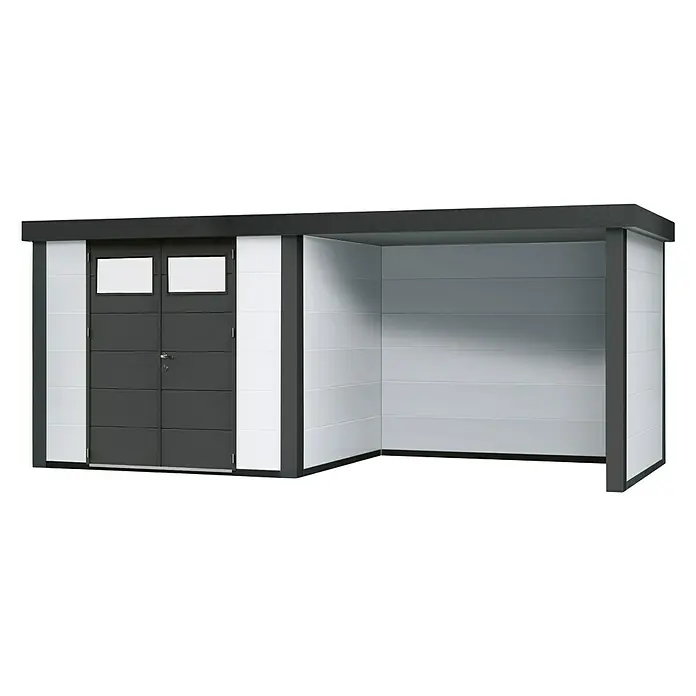 Wolff Finnhaus Gerätehaus Eleganto 2724 - Außenbreite inkl. Dachüberstand: 572 cm, Außentiefe inkl. Dachüberstand: 258 cm, Metall, Weiß, Mit rechtsseitigem Anbau - Diagonale Ansicht