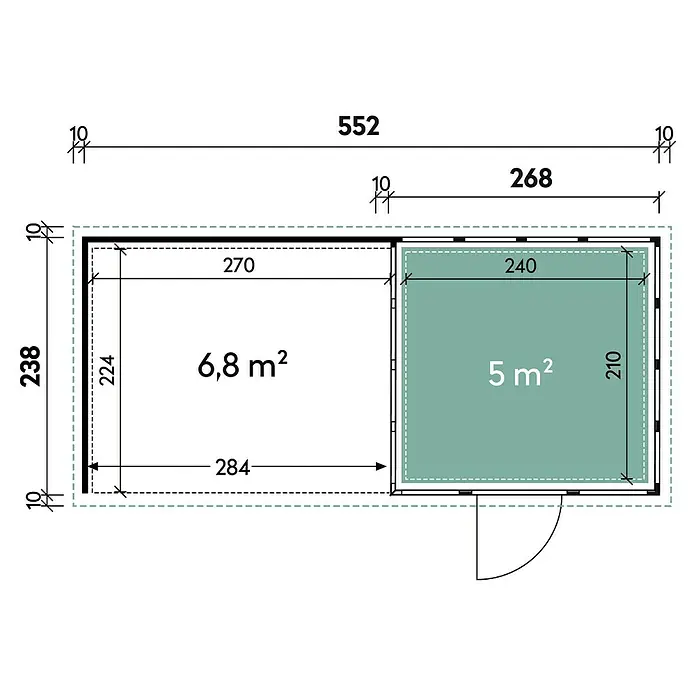 Wolff Finnhaus Gerätehaus Eleganto 2724 - Außenbreite inkl. Dachüberstand: 572 cm, Außentiefe inkl. Dachüberstand: 258 cm, Metall, Granit, Mit linksseitigem Anbau - Skizze