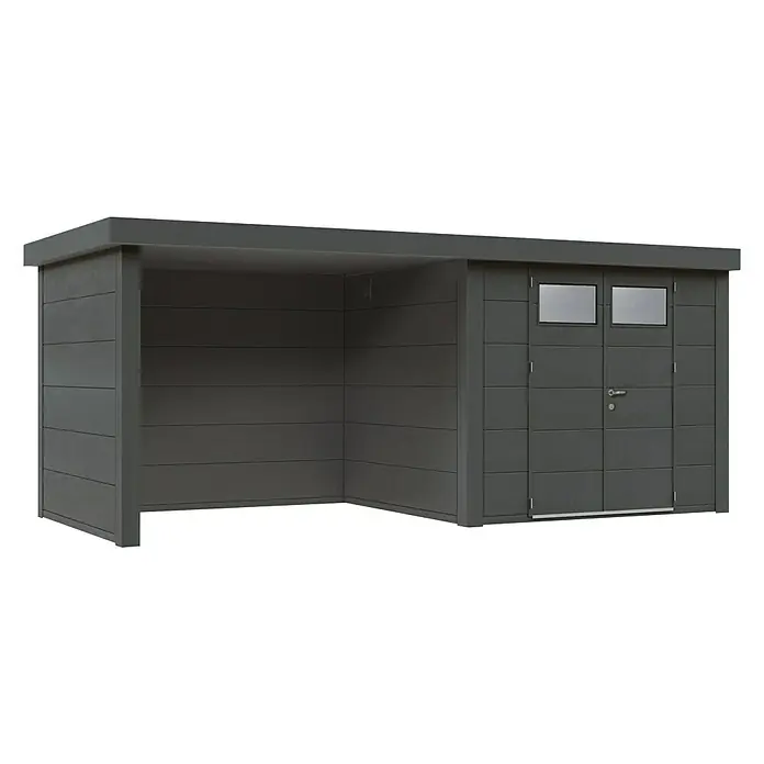 Wolff Finnhaus Gerätehaus Eleganto 2724 - Außenbreite inkl. Dachüberstand: 572 cm, Außentiefe inkl. Dachüberstand: 258 cm, Metall, Granit, Mit linksseitigem Anbau - Diagonale Ansicht