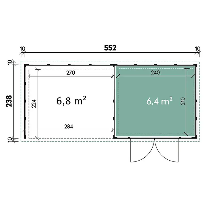 Wolff Finnhaus Gerätehaus Eleganto 2724 - Außenbreite inkl. Dachüberstand: 572 cm, Außentiefe inkl. Dachüberstand: 258 cm, Metall, Weiß, Mit linksseitigem Anbau - Skizze