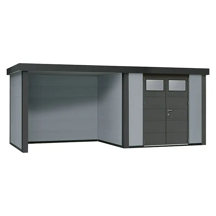 Wolff Finnhaus Gerätehaus Eleganto 3024 - Außenbreite inkl. Dachüberstand: 602 cm, Außentiefe inkl. Dachüberstand: 258 cm, Metall, Lichtgrau, Mit linksseitigem Anbau - Diagonale Ansicht