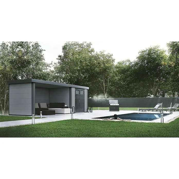 Wolff Finnhaus Gerätehaus Eleganto 3024 - Außenbreite inkl. Dachüberstand: 602 cm, Außentiefe inkl. Dachüberstand: 258 cm, Metall, Lichtgrau, Mit linksseitigem Anbau - Stimmungsaufnahme