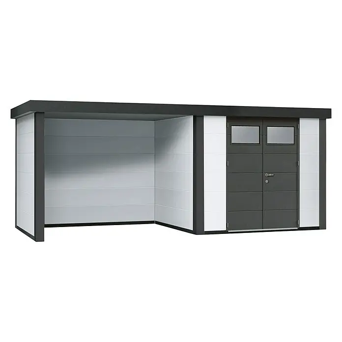 Wolff Finnhaus Gerätehaus Eleganto 2724 - Außenbreite inkl. Dachüberstand: 572 cm, Außentiefe inkl. Dachüberstand: 258 cm, Metall, Weiß, Mit linksseitigem Anbau - Diagonale Ansicht
