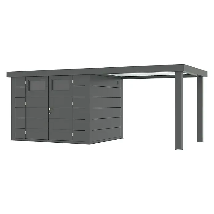 Wolff Finnhaus Gerätehaus Eleganto 3024 - 602 cm, 259 cm, Metall, Granit, Mit rechtsseitigem Seitendach - Diagonale Ansicht