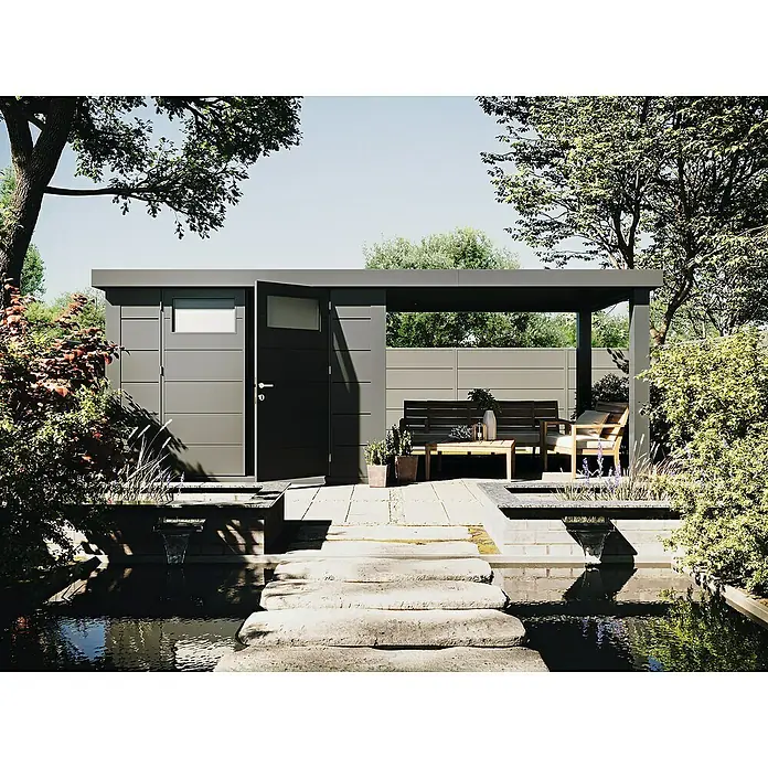 Wolff Finnhaus Gerätehaus Eleganto 3024 - 602 cm, 259 cm, Metall, Granit, Mit rechtsseitigem Seitendach - Stimmungsaufnahme