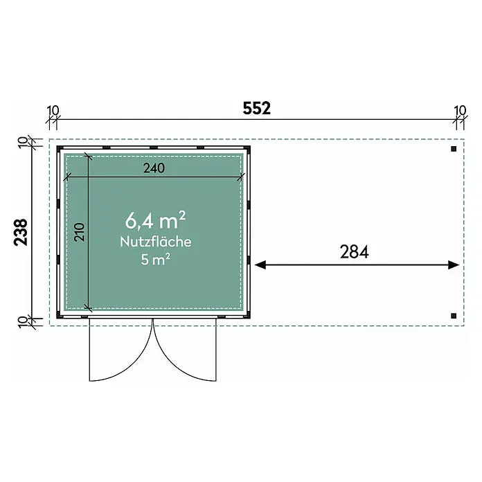 Wolff Finnhaus Gerätehaus Eleganto 2724 - Außenbreite inkl. Dachüberstand: 572 cm, Außentiefe inkl. Dachüberstand: 259 cm, Metall, Weiß, Mit rechtsseitigem Seitendach - Skizze