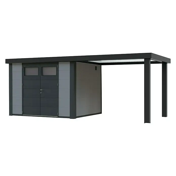 Wolff Finnhaus Gerätehaus Eleganto 2724 - Außenbreite inkl. Dachüberstand: 572 cm, Außentiefe inkl. Dachüberstand: 259 cm, Metall, Lichtgrau, Mit rechtsseitigem Seitendach - Diagonale Ansicht