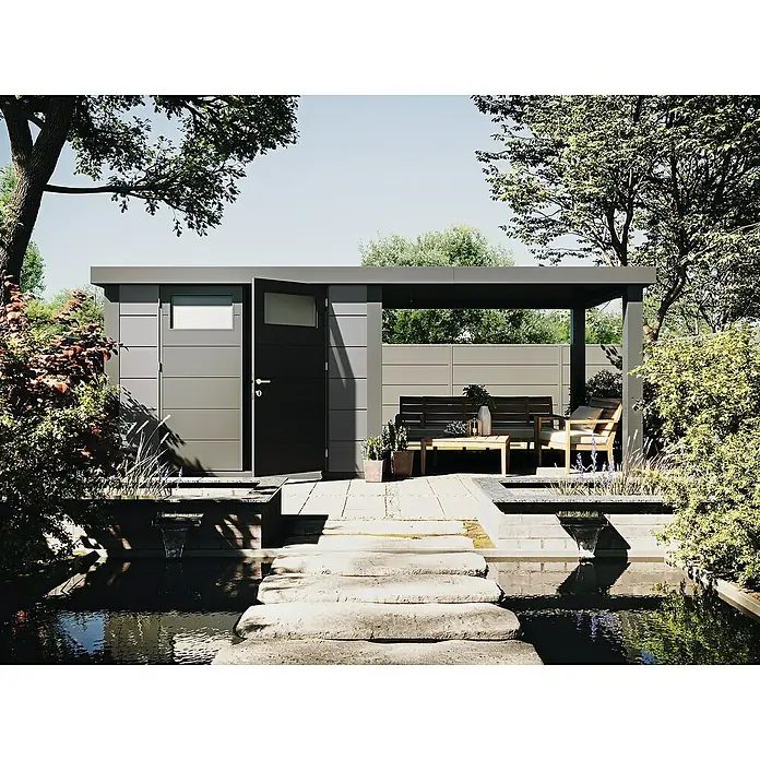 Wolff Finnhaus Gerätehaus Eleganto 2724 - Außenbreite inkl. Dachüberstand: 572 cm, Außentiefe inkl. Dachüberstand: 259 cm, Metall, Lichtgrau, Mit rechtsseitigem Seitendach - Stimmungsaufnahme