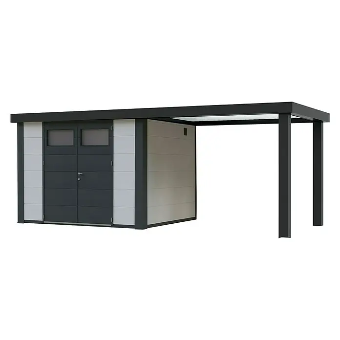 Wolff Finnhaus Gerätehaus Eleganto 2724 - Außenbreite inkl. Dachüberstand: 572 cm, Außentiefe inkl. Dachüberstand: 259 cm, Metall, Weiß, Mit rechtsseitigem Seitendach - Diagonale Ansicht
