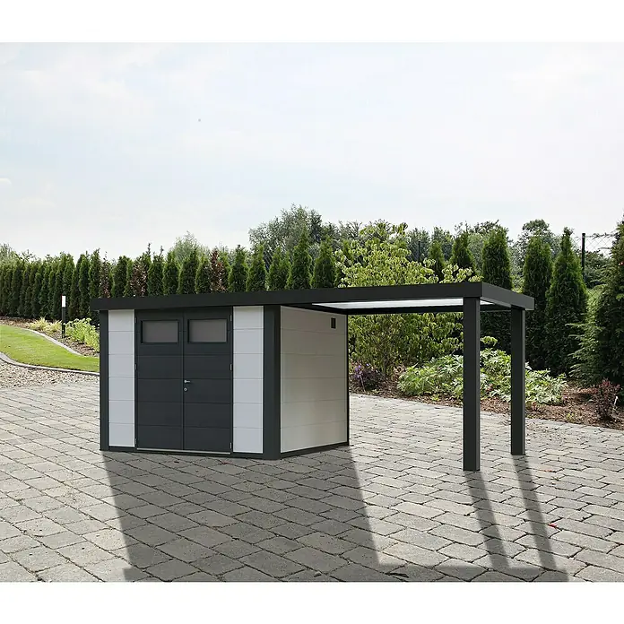 Wolff Finnhaus Gerätehaus Eleganto 2724 - Außenbreite inkl. Dachüberstand: 572 cm, Außentiefe inkl. Dachüberstand: 259 cm, Metall, Weiß, Mit rechtsseitigem Seitendach - Stimmungsaufnahme