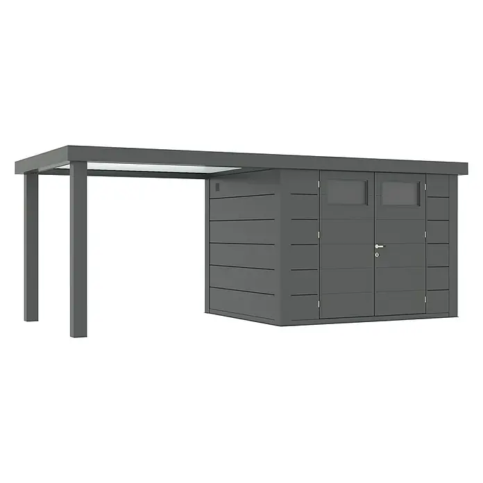 Wolff Finnhaus Gerätehaus Eleganto 2724 - Außenbreite inkl. Dachüberstand: 572 cm, Außentiefe inkl. Dachüberstand: 259 cm, Metall, Granit, Mit linksseitigem Seitendach - Diagonale Ansicht