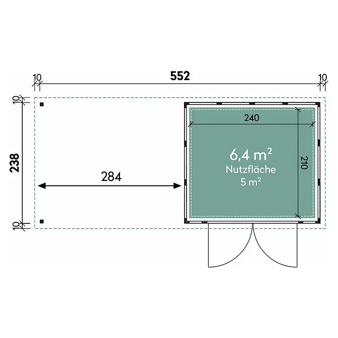Wolff Finnhaus Gerätehaus Eleganto 2724 - Außenbreite inkl. Dachüberstand: 572 cm, Außentiefe inkl. Dachüberstand: 259 cm, Metall, Weiß, Mit linksseitigem Seitendach - Skizze