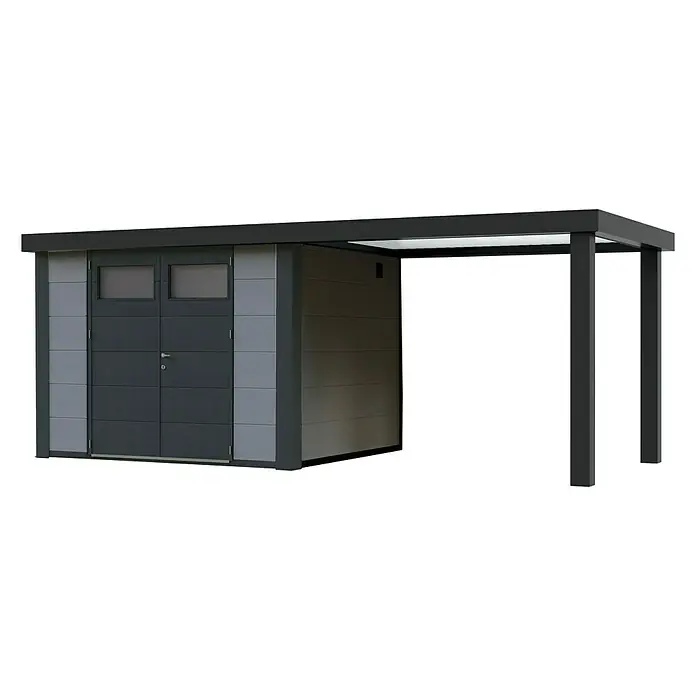 Wolff Finnhaus Gerätehaus Eleganto 2724 - Außenbreite inkl. Dachüberstand: 572 cm, Außentiefe inkl. Dachüberstand: 259 cm, Metall, Lichtgrau, Mit linksseitigem Seitendach - Diagonale Ansicht