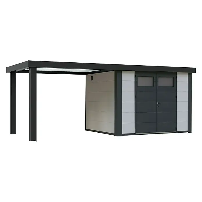 Wolff Finnhaus Gerätehaus Eleganto 2724 - Außenbreite inkl. Dachüberstand: 572 cm, Außentiefe inkl. Dachüberstand: 259 cm, Metall, Weiß, Mit linksseitigem Seitendach - Diagonale Ansicht