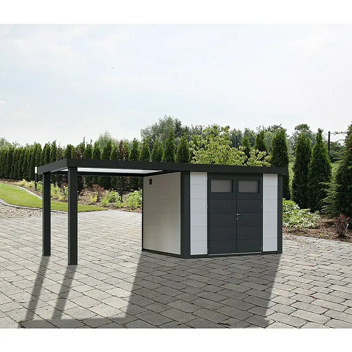 Wolff Finnhaus Gerätehaus Eleganto 2724 - Außenbreite inkl. Dachüberstand: 572 cm, Außentiefe inkl. Dachüberstand: 259 cm, Metall, Weiß, Mit linksseitigem Seitendach - Stimmungsaufnahme