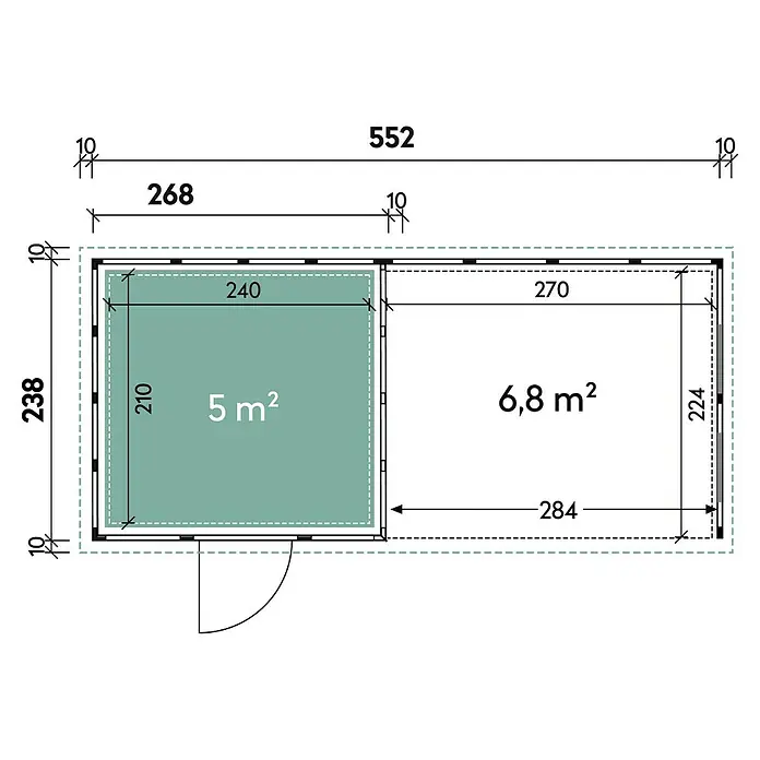 Wolff Finnhaus Gerätehaus Eleganto 2724 - Außenbreite inkl. Dachüberstand: 572 cm, Außentiefe inkl. Dachüberstand: 258 cm, Metall, Granit, Mit rechtsseitigem Anbau & 2 Fenstern - Skizze