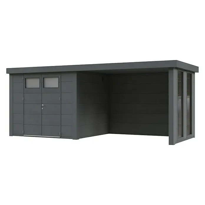Wolff Finnhaus Gerätehaus Eleganto 3024 - Außenbreite inkl. Dachüberstand: 602 cm, Außentiefe inkl. Dachüberstand: 258 cm, Metall, Granit, Mit rechtsseitigem Anbau & 2 Fenstern - Diagonale Ansicht