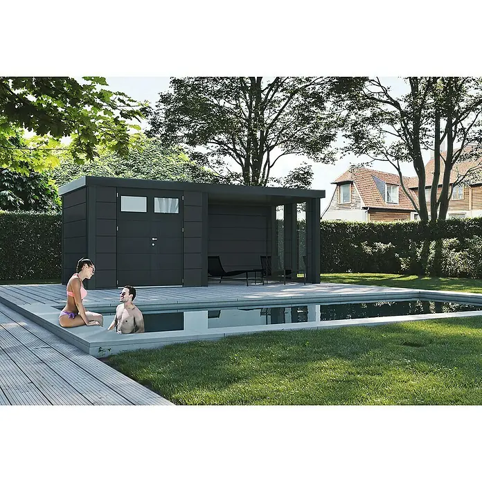 Wolff Finnhaus Gerätehaus Eleganto 3024 - Außenbreite inkl. Dachüberstand: 602 cm, Außentiefe inkl. Dachüberstand: 258 cm, Metall, Granit, Mit rechtsseitigem Anbau & 2 Fenstern - Stimmungsaufnahme