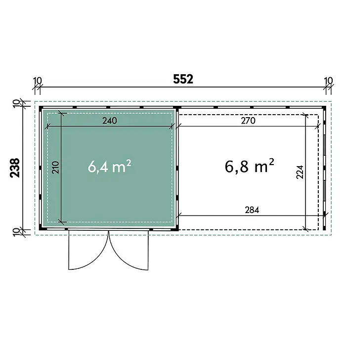 Wolff Finnhaus Gerätehaus Eleganto 2724 - Außenbreite inkl. Dachüberstand: 572 cm, Außentiefe inkl. Dachüberstand: 258 cm, Metall, Weiß, Mit rechtsseitigem Anbau - Skizze