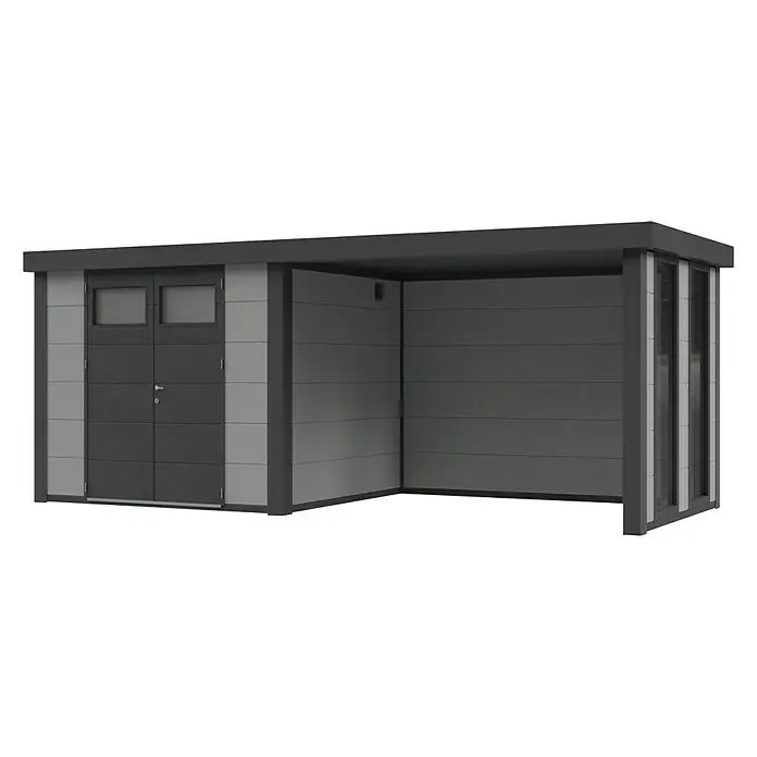Wolff Finnhaus Gerätehaus Eleganto 2724 - Außenbreite inkl. Dachüberstand: 572 cm, Außentiefe inkl. Dachüberstand: 258 cm, Metall, Lichtgrau, Mit rechtsseitigem Anbau & 2 Fenstern - Diagonale Ansicht