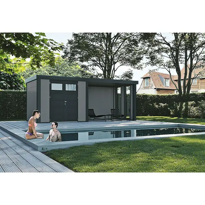 Wolff Finnhaus Gerätehaus Eleganto 3024 - Außenbreite inkl. Dachüberstand: 602 cm, Außentiefe inkl. Dachüberstand: 258 cm, Metall, Lichtgrau, Mit rechtsseitigem Anbau & 2 Fenstern - Stimmungsaufnahme