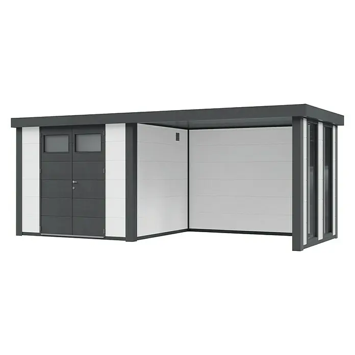 Wolff Finnhaus Gerätehaus Eleganto 2724 - Außenbreite inkl. Dachüberstand: 572 cm, Außentiefe inkl. Dachüberstand: 258 cm, Metall, Weiß, Mit rechtsseitigem Anbau & 2 Fenstern - Diagonale Ansicht