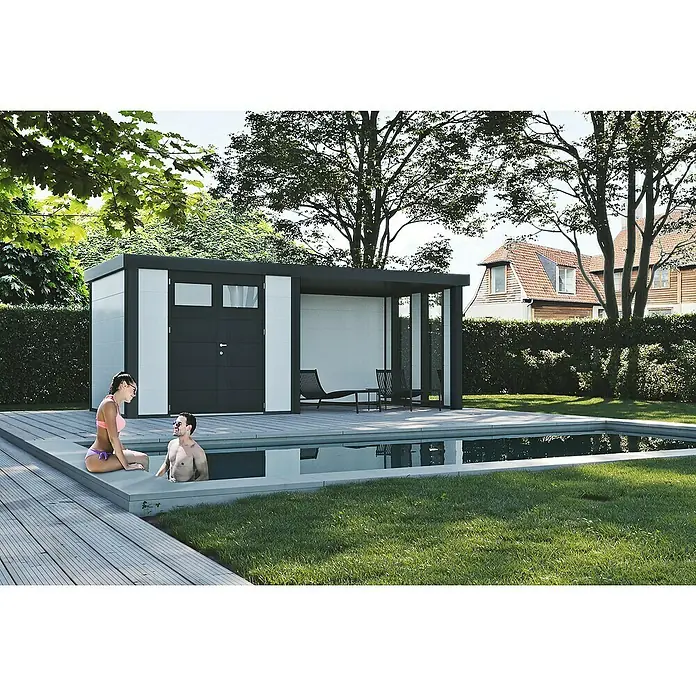 Wolff Finnhaus Gerätehaus Eleganto 3024 - Außenbreite inkl. Dachüberstand: 602 cm, Außentiefe inkl. Dachüberstand: 258 cm, Metall, Weiß, Mit rechtsseitigem Anbau & 2 Fenstern - Stimmungsaufnahme