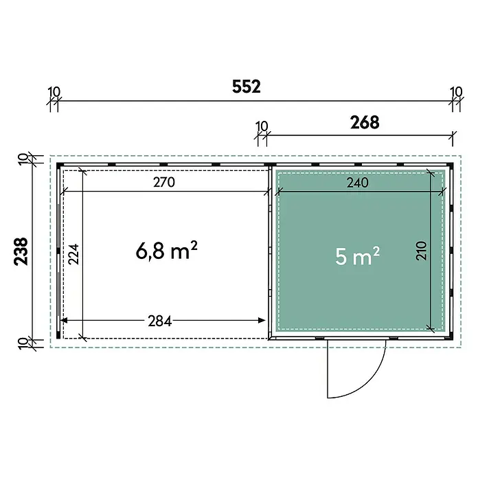 Wolff Finnhaus Gerätehaus Eleganto 2724 - Außenbreite inkl. Dachüberstand: 572 cm, Außentiefe inkl. Dachüberstand: 258 cm, Metall, Granit, Mit linksseitigem Anbau & 2 Fenstern - Skizze