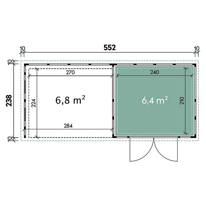 Wolff Finnhaus Gerätehaus Eleganto 2724 - Außenbreite inkl. Dachüberstand: 572 cm, Außentiefe inkl. Dachüberstand: 258 cm, Metall, Weiß, Mit linksseitigem Anbau & 2 Fenstern - Skizze