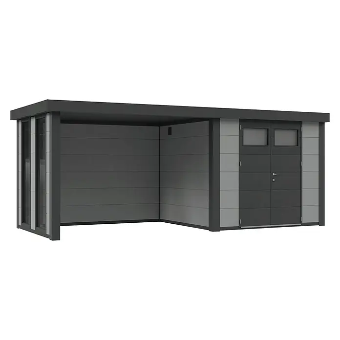 Wolff Finnhaus Gerätehaus Eleganto 2724 - Außenbreite inkl. Dachüberstand: 572 cm, Außentiefe inkl. Dachüberstand: 258 cm, Metall, Lichtgrau, Mit linksseitigem Anbau & 2 Fenstern - Diagonale Ansicht