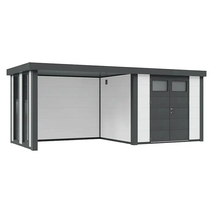 Wolff Finnhaus Gerätehaus Eleganto 2724 - Außenbreite inkl. Dachüberstand: 572 cm, Außentiefe inkl. Dachüberstand: 258 cm, Metall, Weiß, Mit linksseitigem Anbau & 2 Fenstern - Diagonale Ansicht